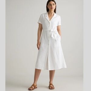 Quince White European 100% Linen Midi Dress Button Front Short Sleeve Size Small